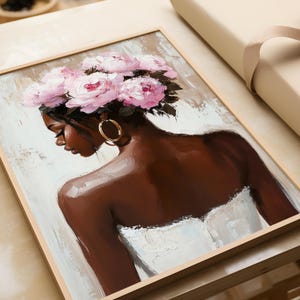 Black Woman Wall Art Print | Floral Portrait Poster | Pink Peony Crown Painting | Feminine Neutral Decor | Modern Afrocentric Home Art image 3