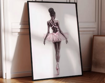 May include: A black and white illustration of a ballerina wearing a pink tutu and pointe shoes. The ballerina is standing on one leg with her other leg extended behind her.