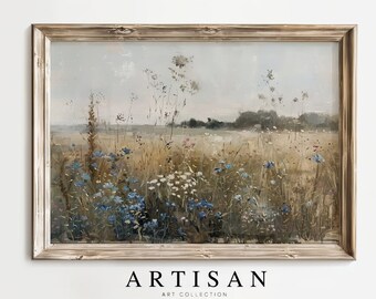 野花畑の風景油絵、ヴィンテージ春風景プリント、青い野花の壁アート