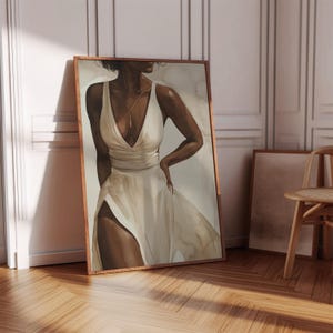 May include: A painting of a person wearing a white dress with a deep V-neckline. The person has dark skin and is standing with one hand on their hip. The background is a light brown colour.