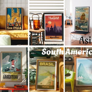 May include: A collage of vintage travel posters featuring destinations in Asia and South America. The posters are framed and displayed on walls and shelves in a home decor setting. The posters feature images of landmarks, cities, and landscapes, along with text that includes the names of the destinations and slogans such as "See India" and "Fly to Argentina".