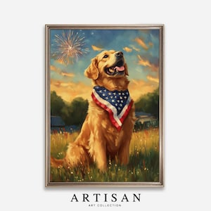 Vintage 4th of July Wall Art, Patriotic Dog Painting, American Flag Print, USA Independence Day Print, 4th of July Decor, Digital Art 350