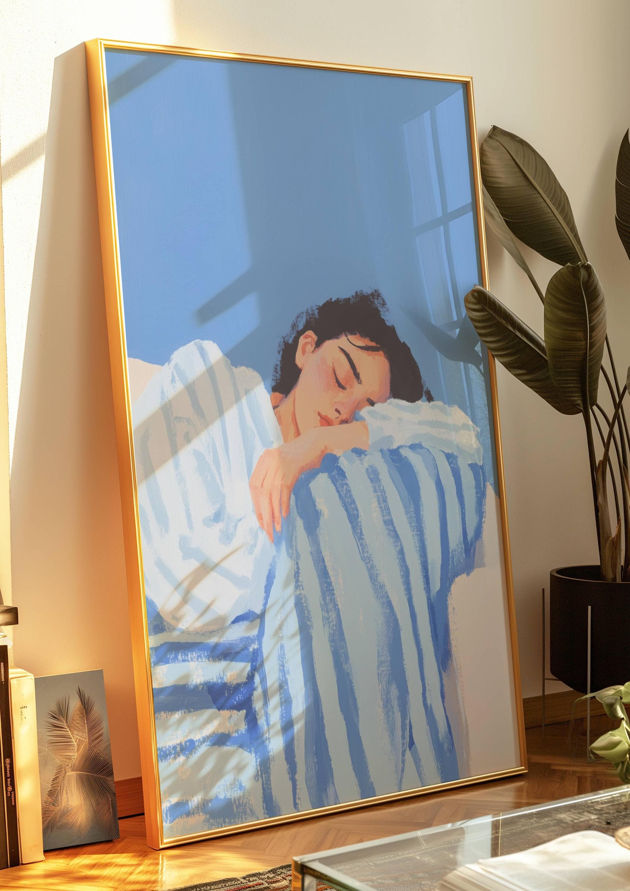 Blue Abstract Woman Art Print: Japandi Style, Woman Sleeping Print ...