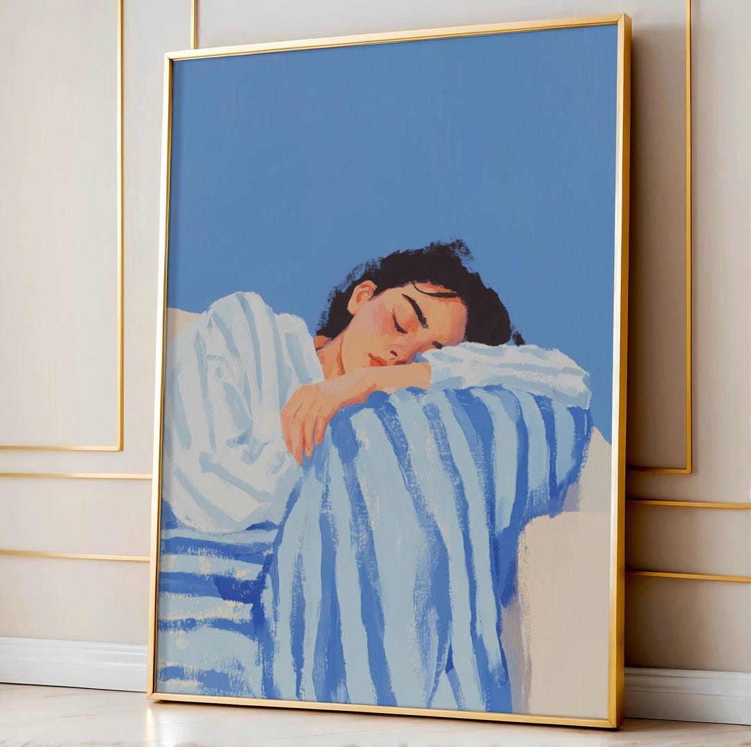 Blue Abstract Woman Art Print: Japandi Style, Woman Sleeping Print ...