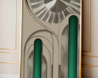 Neo Deco Chrome Wall Art, 2026 Art Deco Revival, Silver and Emerald Geometric Print, Modern Luxury Living Room Decor, Abstract Arch Poster