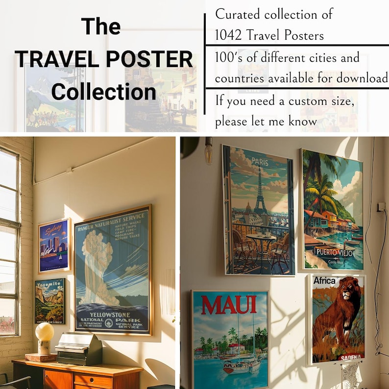 May include: A collection of vintage travel posters featuring destinations like Yellowstone National Park, Paris, Puerto Viejo, and Maui. The posters are framed and displayed on a white wall in a room with a wooden desk and a window.
