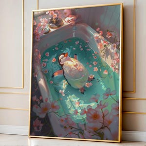 Pinguïn in bad kunst aan de muur, schattige dieren badkamer decor, bloemen pastel illustratie, afdrukbare kinderkamer, instant digitale download 134
