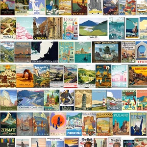 May include: A collage of vintage travel posters featuring destinations around the world. The posters are in various styles and colors, with images of landmarks, cities, and landscapes. Some of the destinations include New York, Venice, London, Paris, and Rome.