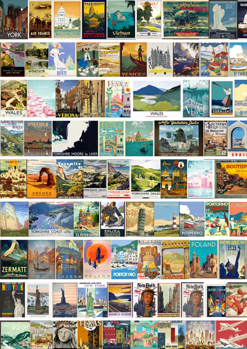 May include: A collage of vintage travel posters featuring destinations around the world. The posters are in various styles and colors, with images of landmarks, cities, and landscapes. Some of the destinations include New York, Venice, London, Paris, and Rome.