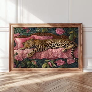 Sleeping Leopard Wall Art, Leopard Poster, Maximalist Wall Art, Colorful Leopard Print, Vintage Oil Painting, Aesthetic Wall Art, Dorm Decor image 1