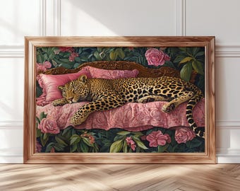 Muurdecoratie met slapende luipaard, luipaardposter, maximalistische muurdecoratie, kleurrijke luipaardprint, vintage olieverfschilderij, esthetische muurdecoratie, decoratie voor studentenkamer