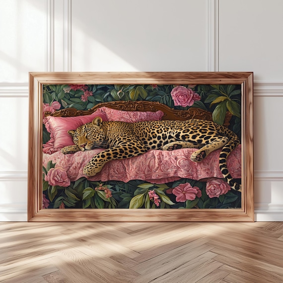 Sleeping Leopard Wall Art, Leopard Poster, Maximalist Wall Art, Colorful Leopard Print, Vintage Oil Painting, Aesthetic Wall Art, Dorm Decor