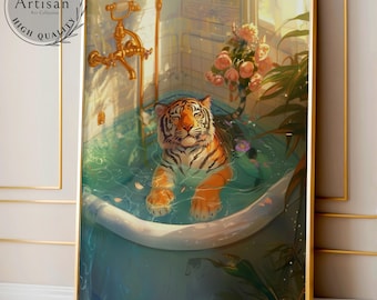 Stampa di tigre nella vasca da bagno, arte murale massimalista, arte per il bagno, stampa di tigre, arte murale di tigre, arte murale funky, arredamento massimalista, arte digitale 90