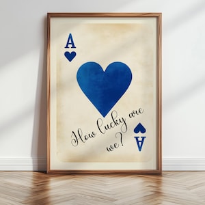 Navy Blue Playing Card Print, How Lucky Are We Print, Vintage Ace of Hearts, Lucky you Apartment Decor, Aesthetic Room Decor Digital Art 213