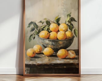 Zitrone Stillleben Küche Wandbild, Mediterrane Obstschale Druck, Rustikales Bauernhaus Esszimmer Poster, Vintage Stil Kunstwerk