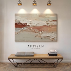 Peut inclure: Une peinture sur toile rectangulaire présentant des coups de pinceau empâtés et texturés dans des tons crème, beige, terre cuite et vert sauge doux. L'œuvre affiche une composition abstraite en couches avec des reliefs de peinture visibles.