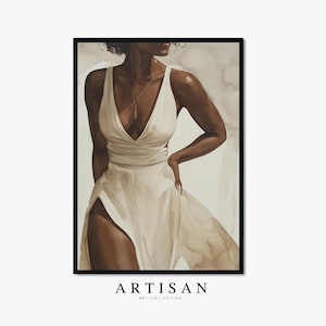 May include: A painting of a person wearing a white dress with a plunging neckline. The person is standing with their hand on their hip and looking to the side. The background is a light brown colour.