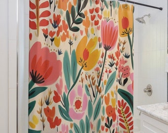 Cortina de ducha floral maximalista, decoración de baño colorida y brillante