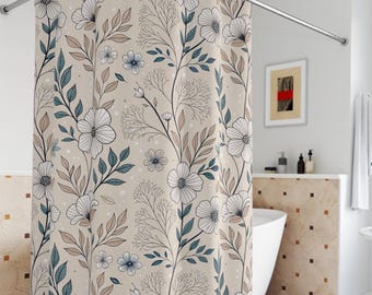 Boho Minimalist Beige Floral Line Art Shower Curtains, Bathroom Decor, Botanical Shower Curtain, Neutral Floral Bath Curtain, Modern Boho