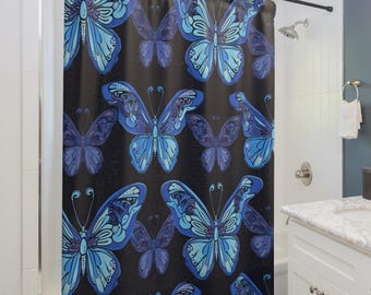 Cottagecore Shower Curtains, Butterfly Purple Blue Bathroom Decor, Floral Country Farmhouse Bath Curtain, Rustic Chic Home Gift, Nature