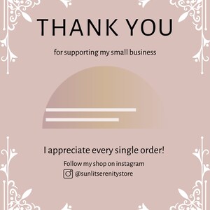 Puede incluir: Un mensaje de agradecimiento con un gr&aacute;fico de medio c&iacute;rculo de color melocot&oacute;n y el texto "THANK YOU for supporting my small business. I appreciate every single order! Follow my shop on instagram @sunlitserenitystore"