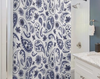 Cortinas de ducha con estampado de cachemira azul, decoración floral para baño, cortinas de tela para baño, cortina de baño bohemia con diseño de acuarela