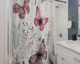 Cottagecore Butterfly Shower Curtain, Floral Boho Bath Decor