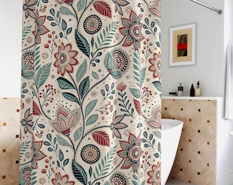 Cortina de ducha floral bohemia escandinava, decoración vibrante para el baño, decoración del hogar, diseño floral, regalo para ella, ecológica.