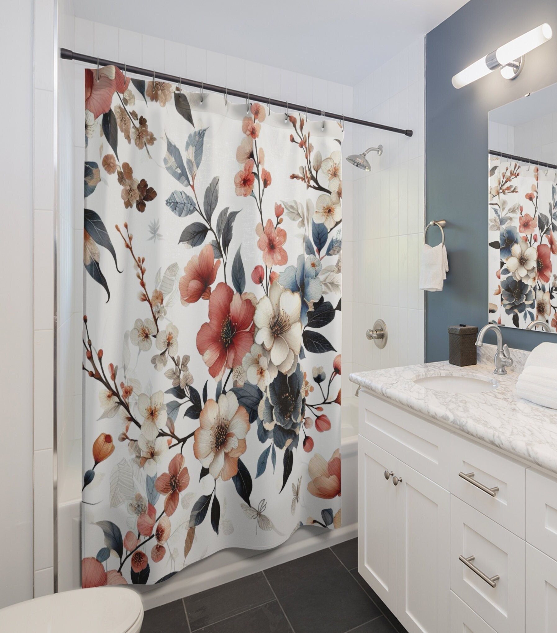 Japandi Roses Shower Curtain Japandi Floral Bathroom Cottagecore Decor