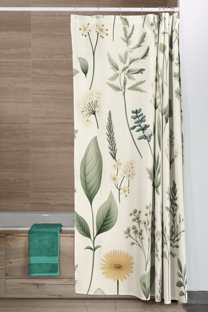 Puede incluir: Una cortina de ducha blanca con un patr&oacute;n floral que presenta hojas verdes, flores blancas y una margarita amarilla.