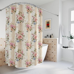 Vintage Cottage Core Floral Shower Curtain, Elegant Bathroom Decor, Rustic Home Accent, Wedding Gift, Flower Pattern, Vintage Style