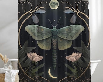 Cottagecore Moth Shower Curtain: Floral Boho Bathroom Decor