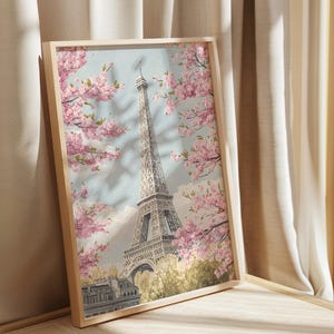 Impression de la tour Eiffel Paris, art mural aquarelle, oeuvre de printemps, peinture romantique de fleurs de cerisier, cadeau pour amateur de voyage, Illustration florale française