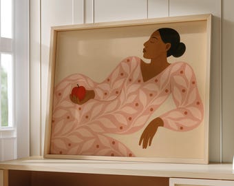 Boho Woman Print Contemporary Art Woman with Apple Printable Feminine Wall Art Pink and Beige Artwork Giclee Print Black Woman in Pink Dress