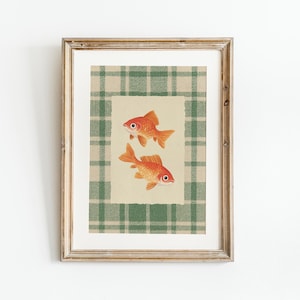 Vintage Goldfish Art Print: Cottagecore Green Gingham Nursery Decor (Digital Download)