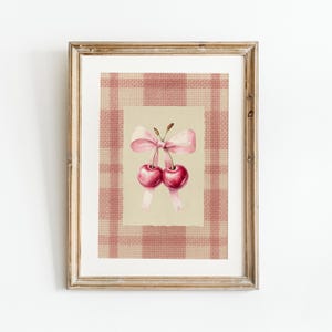 Pink Cherry Print: Cottagecore Kitchen Wall Art with Gingham Bow (Digital Download)