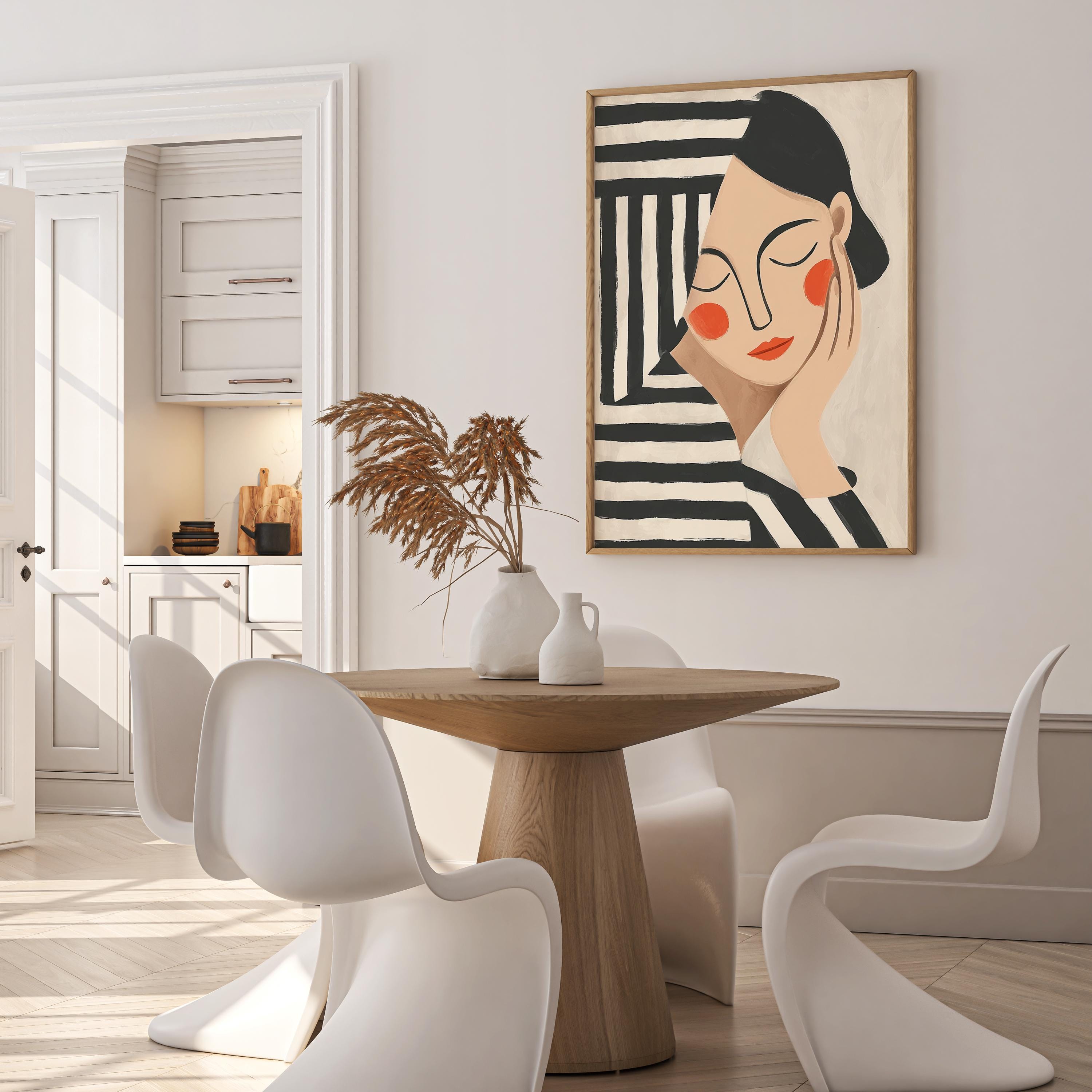Minimalist Woman Art Print: Abstract Portrait, Black and White Stripes ...