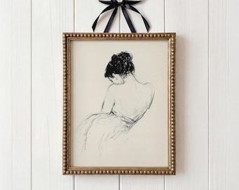 Minimalist Woman Sketch Art Print Woman Line Drawing Print Vintage Female Figure Wall Art Charcoal Sketch Woman Portrait Digital Download