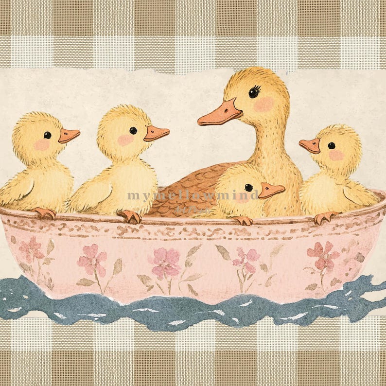 Whimsical illustration of a mother duck with four fluffy ducklings sitting together in a vintage pink floral teacup, placed against a soft beige textured background layered on top of a brown gingham pattern.
Duck wall art cute duck art kids room decor bathroom wall decor duck lover gift baby shower gift kids bathroom decor cute duck print trendy wall art printable wall art beige plaid gingham print cottagecore decor digital download duck nursery print vintage duck art beige gingham nursery.