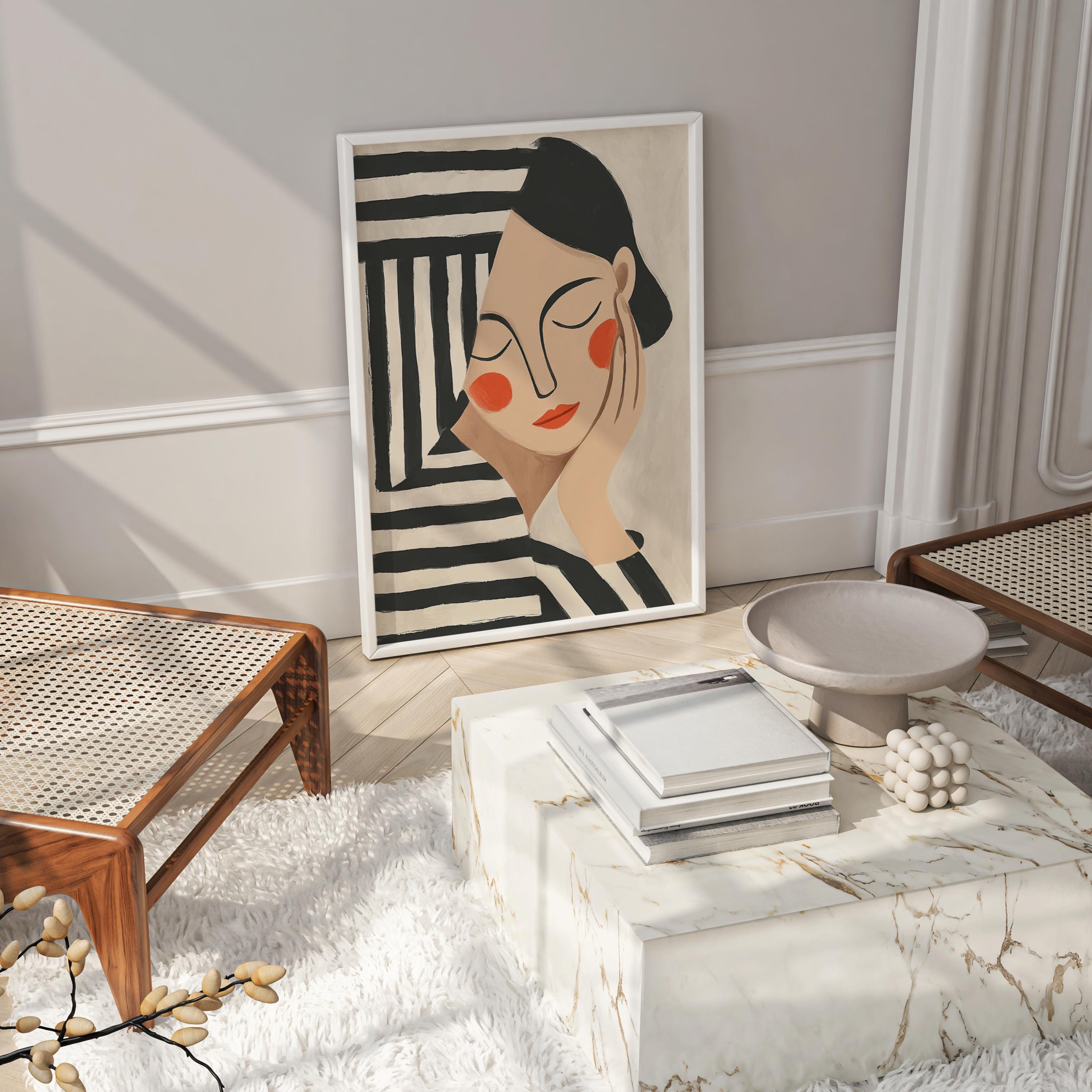 Minimalist Woman Art Print: Abstract Portrait, Black and White Stripes ...
