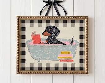 Dachshund Bath Art Dog in Bathtub Print Funny Dog Bathroom Black Gingham Children Room Decore Minimalistic Dog Art Digital Download