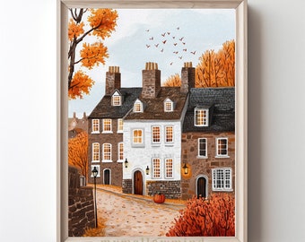 Aquarelprint van een herfstdorpje met een gezellig straatbeeld vol pompoenen (digitale download).