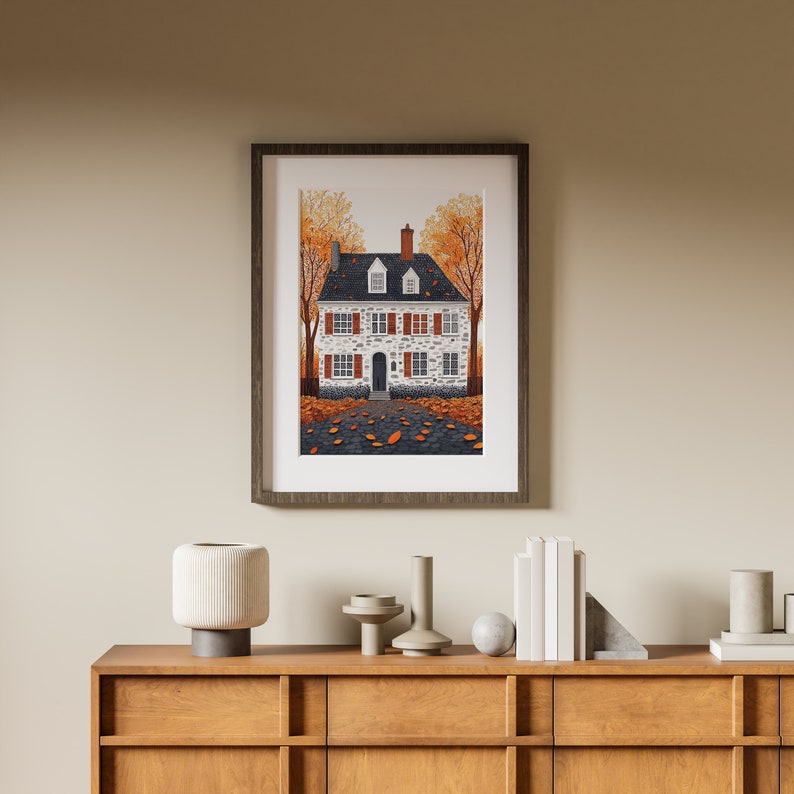 Cozy Fall Wall Art Print Charming Autumn Cottage With Fall Foliage