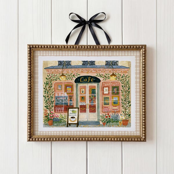 French Cafe Wall Art Paris Cafe Print Cottagecore Kitchen Decor European Bistro Printable Cozy Cafe Digital Download Beige Gingham Art Print