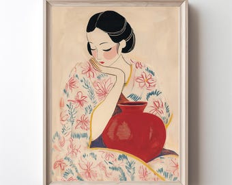 Japanese Woman in Kimono Art Print Abstract Woman Portrait Oil Painting Red Vase Printable Wall Art Japanese-Inspired Modern Vintage Print