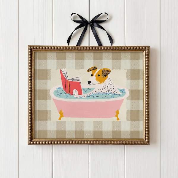 Jack Russell Dog in Bathtub Print Funny Dog Bathroom Beige Gingham Children Room Decore Minimalistic Dog Art Digital Download