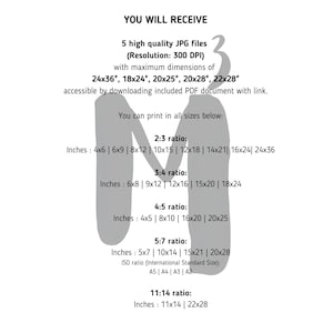 May include: White graphic with text detailing the digital file's specifications, including file type, resolution, and print sizes in inches. The text includes dimensions such as 24x36, 18x24, and 20x25 inches.
