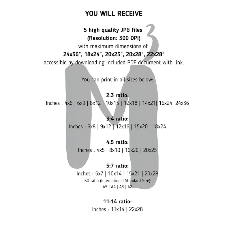 May include: White graphic with text detailing the digital file's specifications, including file type, resolution, and print sizes in inches. The text includes dimensions such as 24x36, 18x24, and 20x25 inches.