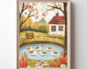 Autumn Duck Pond Print Rustic Farmhouse Fall Decor Digital Download