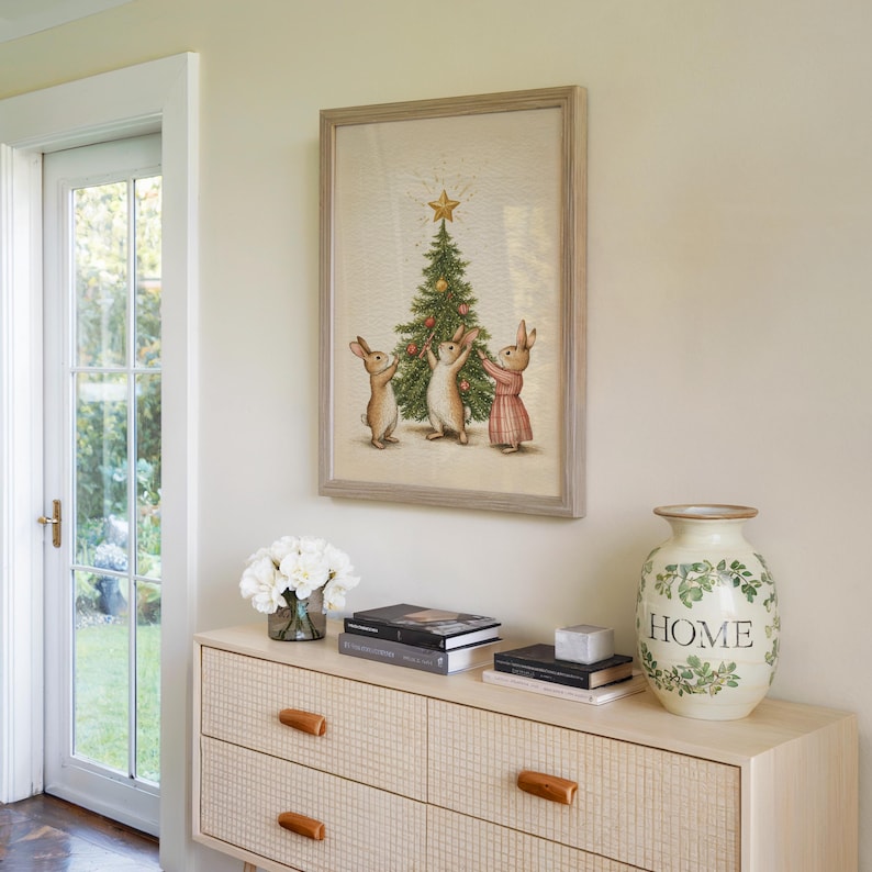 Christmas Bunny Art Print Bunny Christmas Tree Wall Decor Christmas ...
